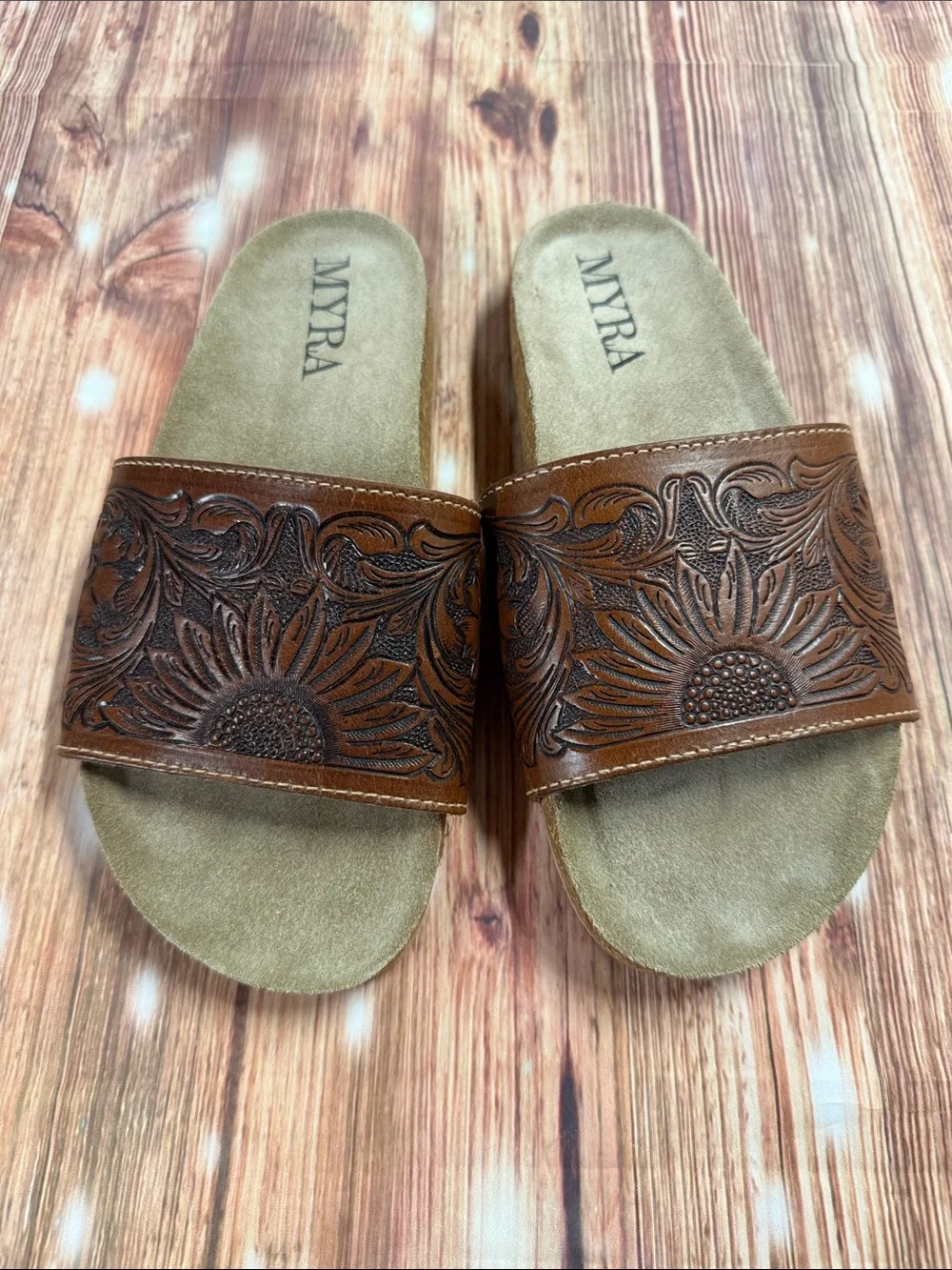 Myra Bag Women's Brown Embossed Leather Slide Sandals
